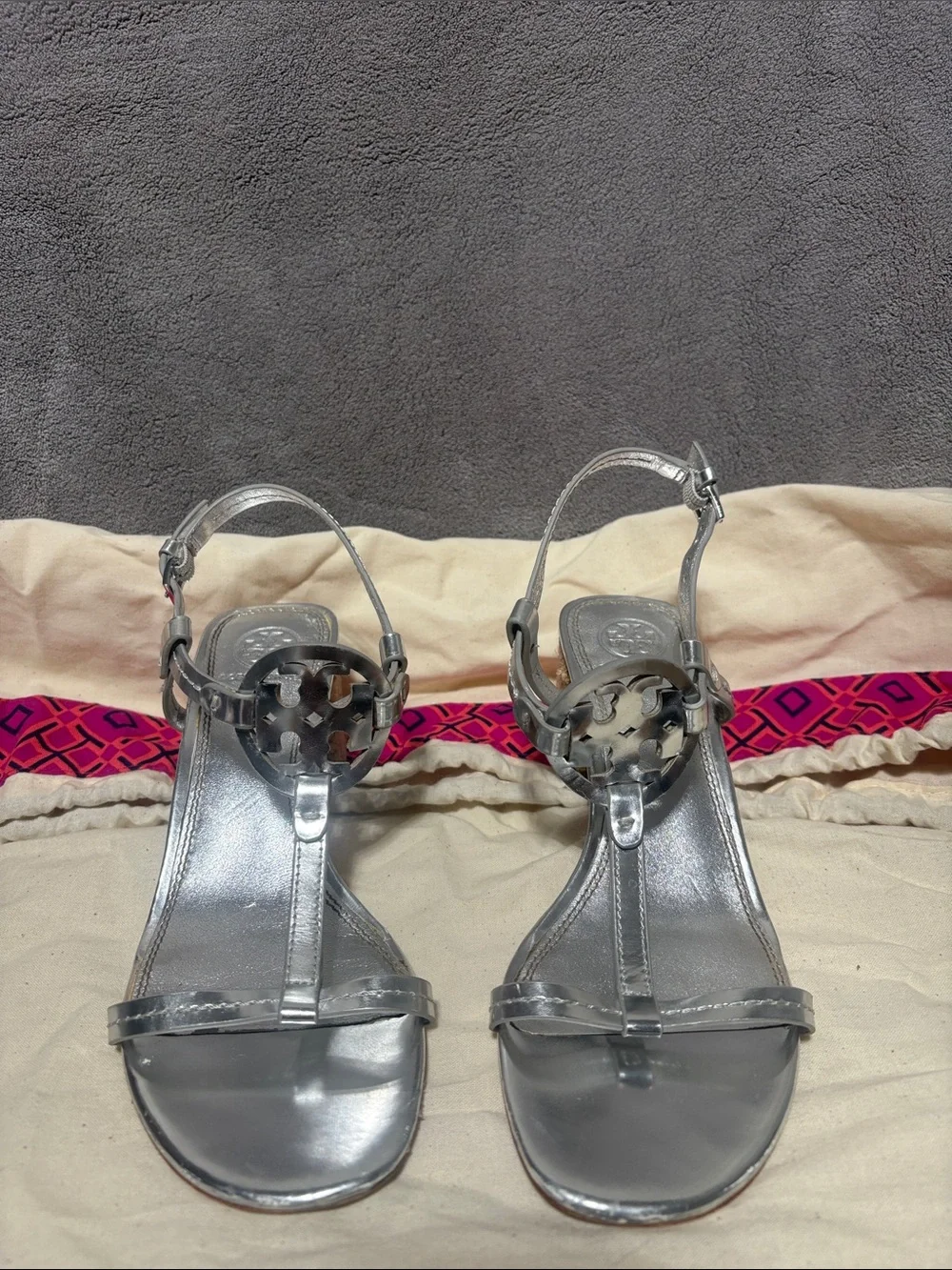 Tory Burch Metallic Silver T-Strap Logo Sandals